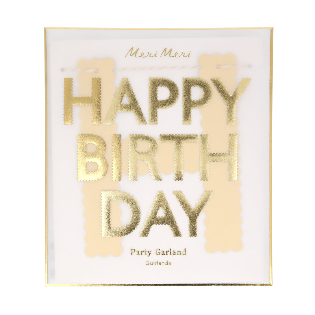 Our birthday garland, in shiny gold letters, is a great birthday party decoration to place on the party table, wall, mantel or doorway.