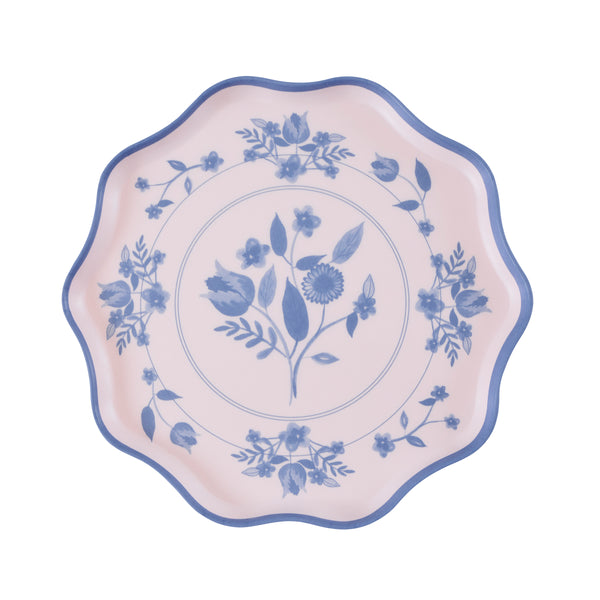 Our reusable plates, made from melamine in a small size, feature four pastel colours with a blue vintage botanical print design transfer. Image3