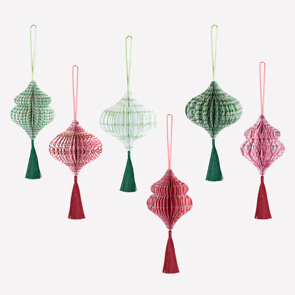 Our honeycomb Christmas tree decorations feature Molly Mahon block print designs in seasonal colours with shimmering tinsel tassels. Image1