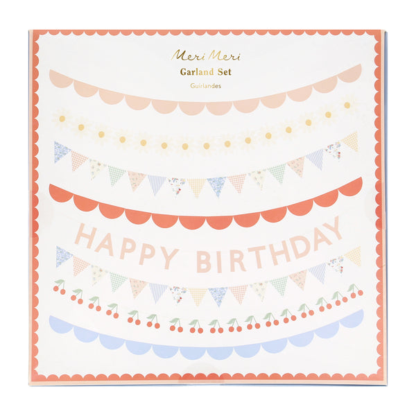 Our pretty birthday garlands, made from paper, feature soft blue, pink and white tones with a birthday message, flowers, cherries and scallops. Image3