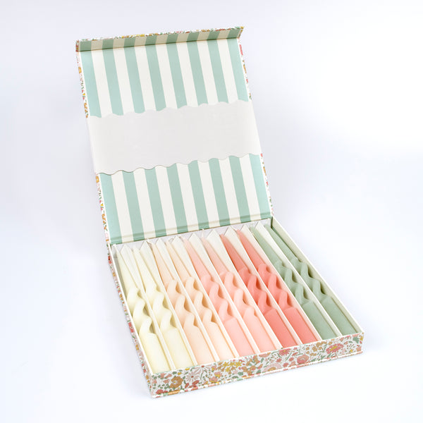 Our candle gift box includes 10 table candles in 5 soft colours, all beautifully presented in a Liberty print floral box. Image3