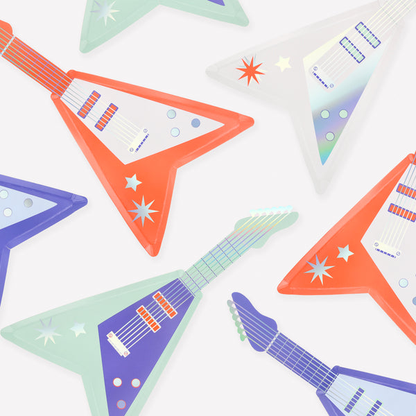 Make your rock party look amazing with our paper electric guitar shaped plates, holographic foil and neon pops of colour add style and shimmer. Image1