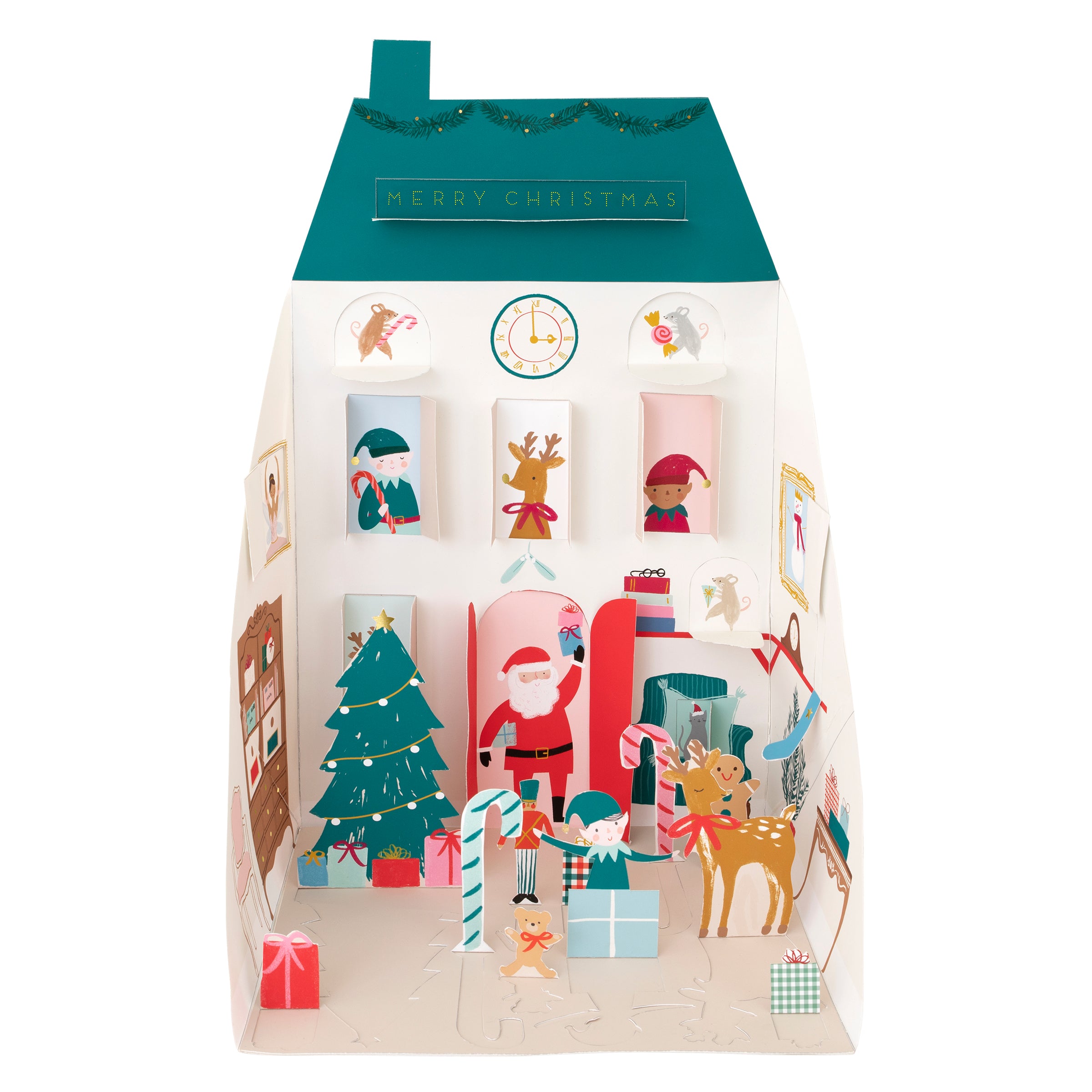 This paper doll house is designed as Santa's home, complete with his reindeer, elves, Christmas tree and gifts.