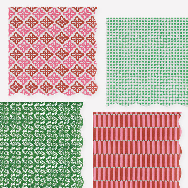 Our Christmas paper napkins, in a large size, feature Molly Mahon block print designs in seasonal colours with wavy edges for a stylish look. Image1