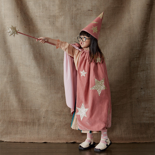 This wizard cape, wizard hat and star wand set, crafted from pink velvet and gold glitter fabric, is a fabulous costume for girls.,This wizard cape, wizard hat and star wand set, crafted from pink velvet and gold glitter fabric, is a fabulous costume for girls. Image1