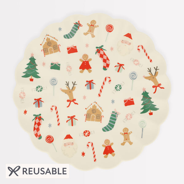 Our reusable Christmas plate has fun festive icons and a stylish scalloped edge. Image1