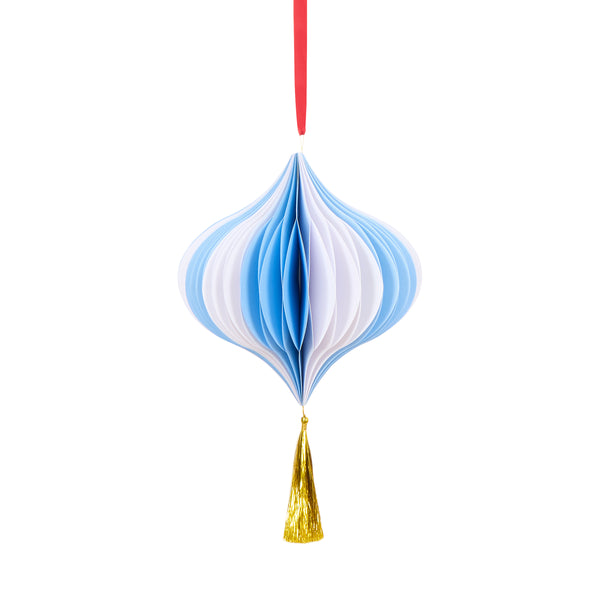 Our hanging Christmas decorations, made from honeycomb, feature vibrant stripes, tinsel tassels and satin ribbons for a statement look. Image5