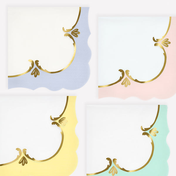 Our party napkins feature an exquisite rococo design with pastel shades and shiny gold foil,  made from high quality paper, for a stylish effect. Image1