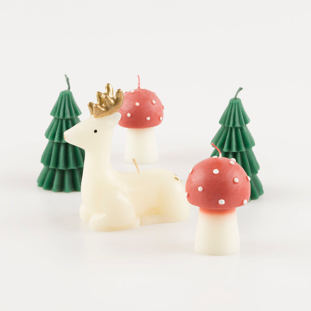 Our festive candle set, with Christmas tree candles, reindeer and mushrooms, make a great Christmas host gift.