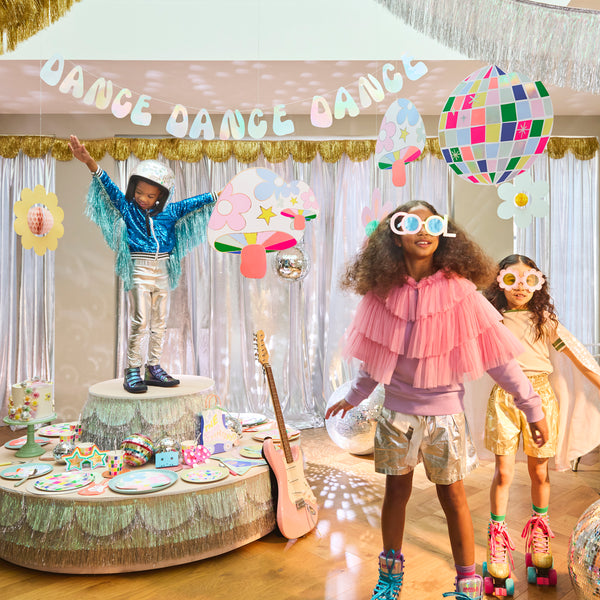 Add fun to your dance party with our groovy garland set of a fun garland and hanging decorations, with bright colours, icons and shiny silver foil. Image2