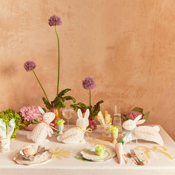 Our Easter bunny decorations, crafted with honeycomb paper and raffia ribbons, look amazing. Image2