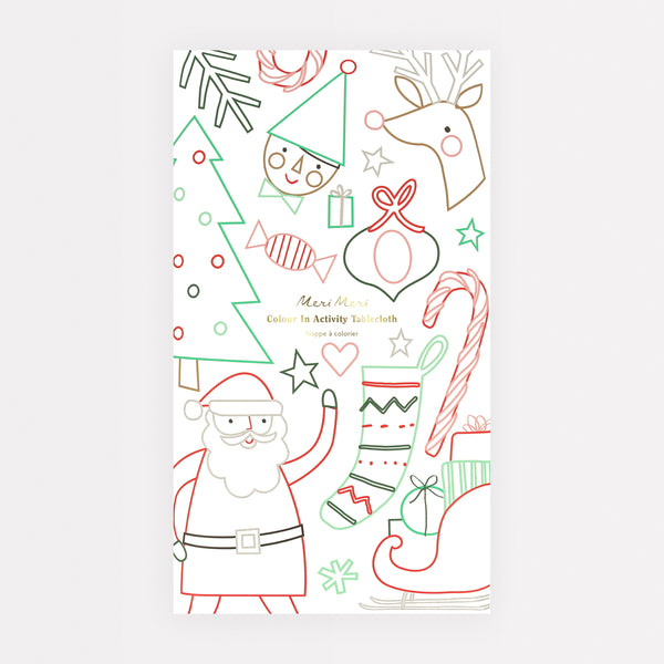 Our Christmas tablecloth is a paper tablecloth with Christmas icons to colour in, for lots of fun.