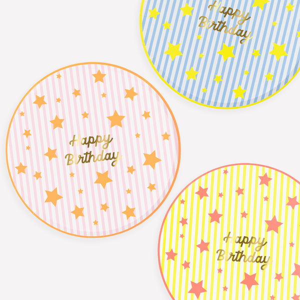 Our paper birthday plates, in a large dinner plate size, feature a shiny gold foil Happy Birthday message with stripes and neon stars, joyful! Image1
