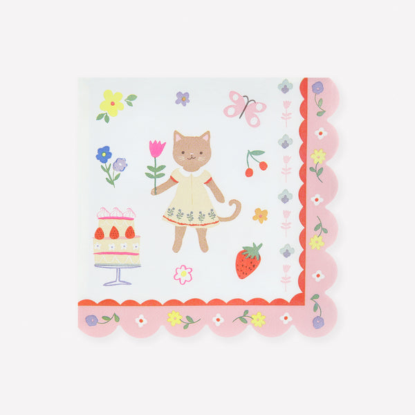 Our large napkins, made from soft 3-ply paper, feature a charming folk-inspired kitten design, ideal for young birthday parties. Image1
