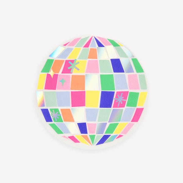 Our paper napkins, made from 3-ply paper, are disco ball shaped with lots of shimmering holographic foil, ideal or a disco party. Image1
