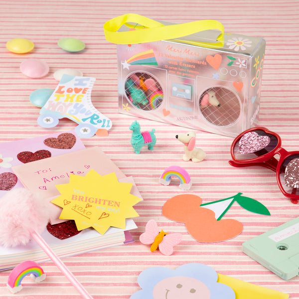 Our Valentine's card set is presented in a paper boom box design and includes cards and animal erasers, the perfect Valentine's cards for kids. Image2