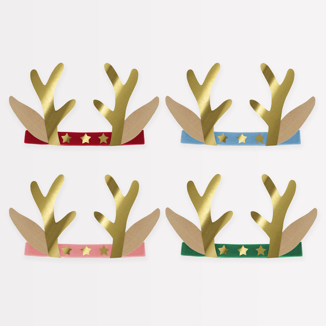 Our antler headbands, with velvet bands, shiny gold stars and antlers, and reindeer ears, make fun Christmas headwear.