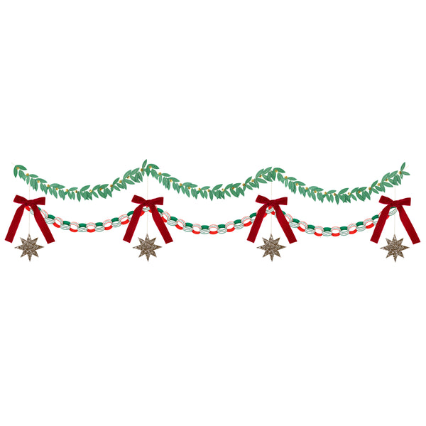 Our set of Christmas hanging decorations includes paper chain links to make a paper chain, a foliage garland and a bow and star decoration. Image3