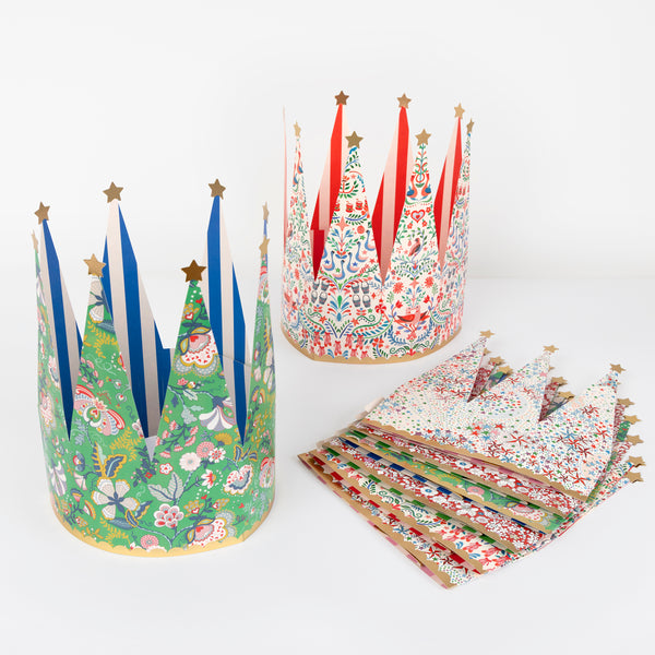 Our party crowns feature stylish Liberty floral prints, bold stripes on the inside, scalloped bands and gold foil stars, with an adjustable fit. Image3