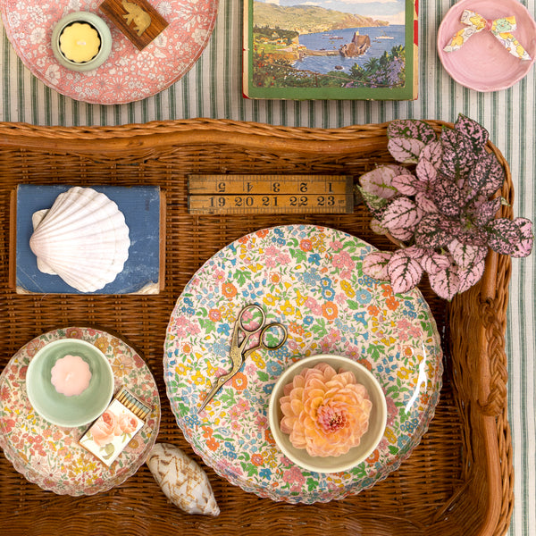 Our accessory tray, made from enamelled metal with a delightful pink and white Liberty design, makes a beautiful hostess gift. Image2