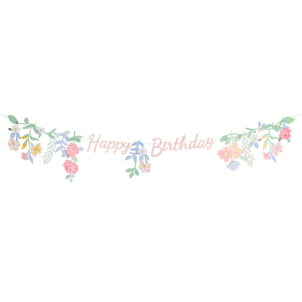 Our birthday decoration features the words Happy Birthday in pink, with 12 flower and leaf pennants to attach to create a pretty garland. Image2