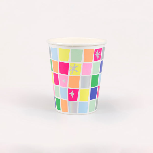 Our paper cups, with vibrant colour and shiny holographic foil, are perfect for hot and cold drinks at a disco party or any groovy celebration. Image1