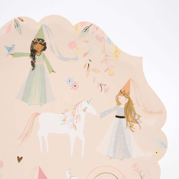 These princess birthday party plates feature beautiful designs of princesses and unicorns with gold foil detail. Image2