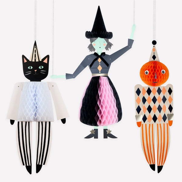 Our Halloween hanging decorations feature a black cat, witch and pumpkin with fun 3D honeycomb details and fun embellishments. Image1