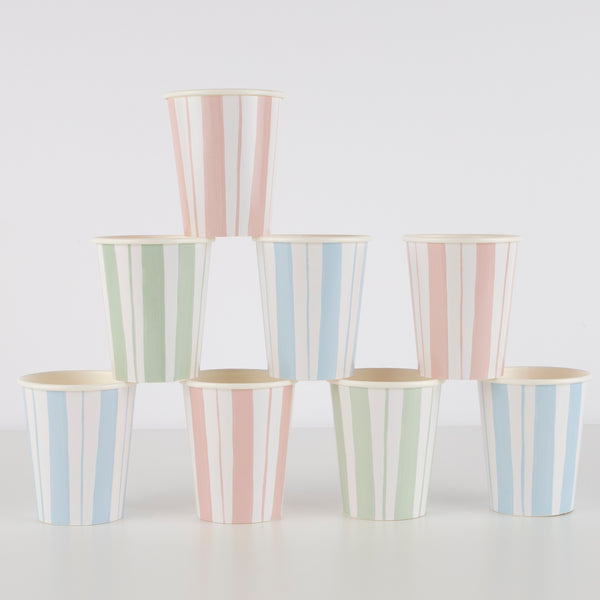 Our paper party cups feature blue, pink and green ticking stripes.
