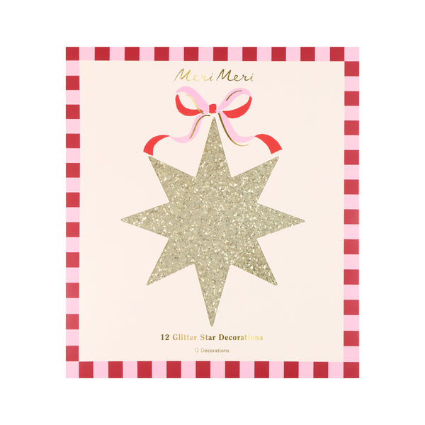 Our Christmas star decorations come in a set of 12, with 3 sizes. Covered with gold glitter, topped with ribbon bows, they are super stylish. Image4