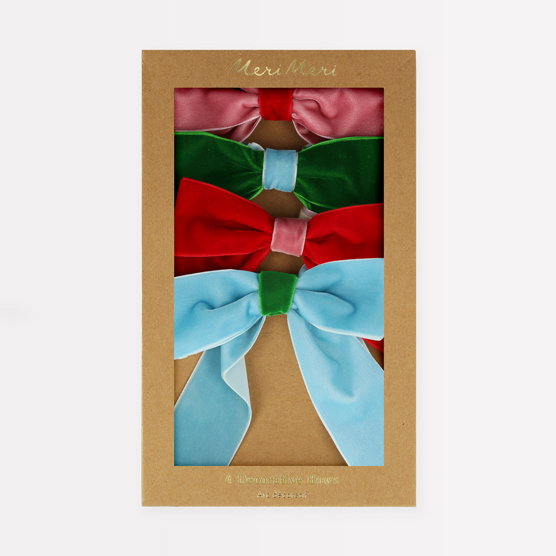 Our velvet bows make versatile Christmas gift box decoration ideas.