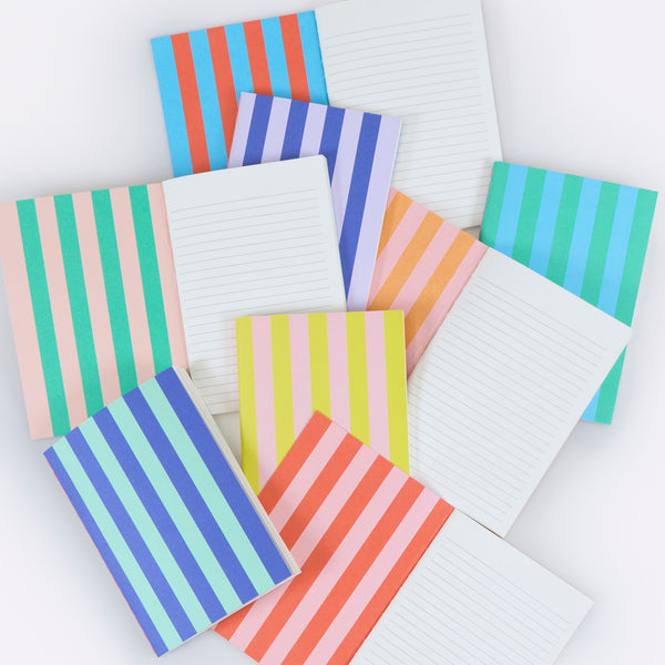 Our lined notebooks have bright striped covers, all beautifully presented as a sex of 8 in a striped card box. Image4