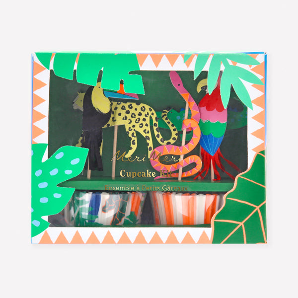 Our jungle cupcake kit features 24 rainforest animal cake toppers and 24 vibrant cupcake cases, perfect for a jungle party. Image1