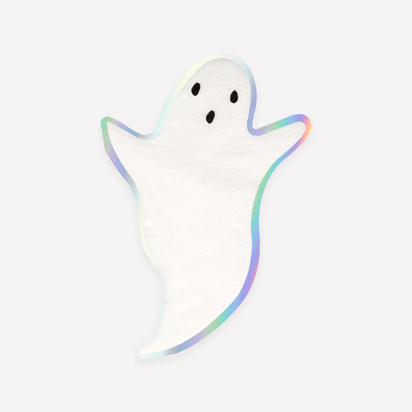Upgrade your Halloween party supplies by adding these floaty ghost paper napkins with an amazing shiny holographic foil border. Image1