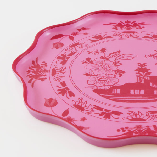 Our reusable plates are made from melamine, in a pretty pink shade with a botanical print transfer, ideal for garden parties and afternoon tea. Image2