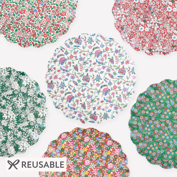 Our Christmas melamine plates feature 8 Liberty floral print designs in seasonal red and green tones for a stylish look, year after year. Image1