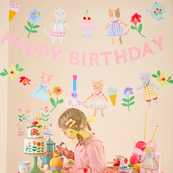 Our birthday garlands set contains 3 colourful garlands, two with cute kittens with embellishments, and one with a Happy Birthday message. Image2
