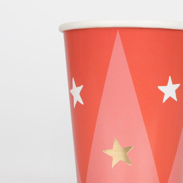 Our circus cups are perfect for a circus themed party, with bright colours and shiny gold foil stars. Image3