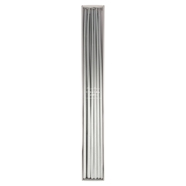Our shiny silver candles, designed as tapered candles, are super tall for a special birthday cake decoration.