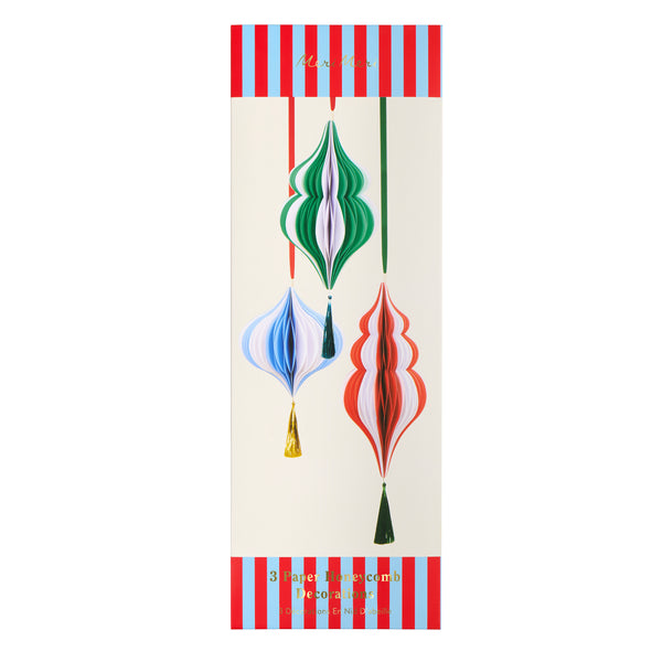 Our hanging Christmas decorations, made from honeycomb, feature vibrant stripes, tinsel tassels and satin ribbons for a statement look. Image6