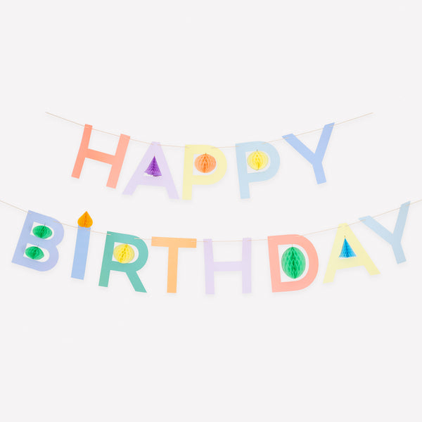 Our Happy Birthday garland set are the perfect birthday decorations, with bright colours and honeycomb details. Image1