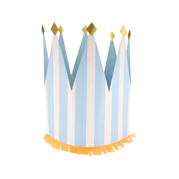 Our paper crowns, made with vibrant stripes, tissue paper fringing and shiny gold foil details, are the perfect birthday party hats. Image4