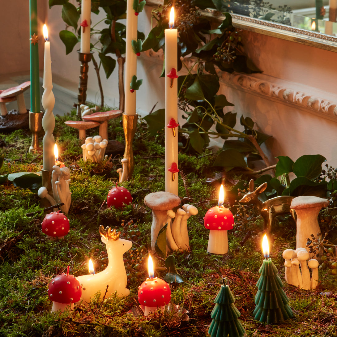 Our festive candle set, with Christmas tree candles, reindeer and mushrooms, make a great Christmas host gift.