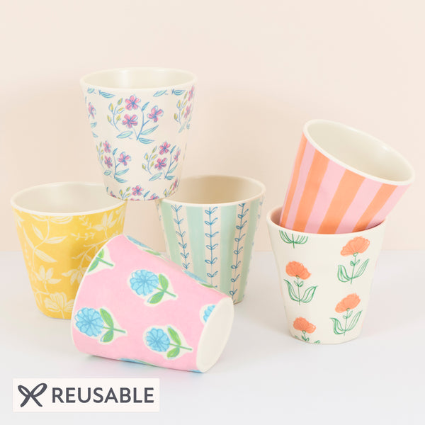 Our melamine cups feature pretty floral designs in summery colours, ideal for hot and cold drinks at garden parties and picnics. Image1