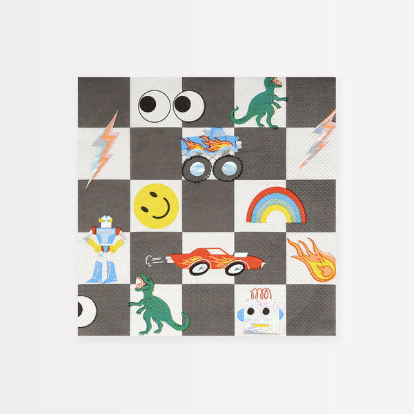 Our party napkins have a bold and bright design with vintage toys, ideal to give a retro look to any birthday party.