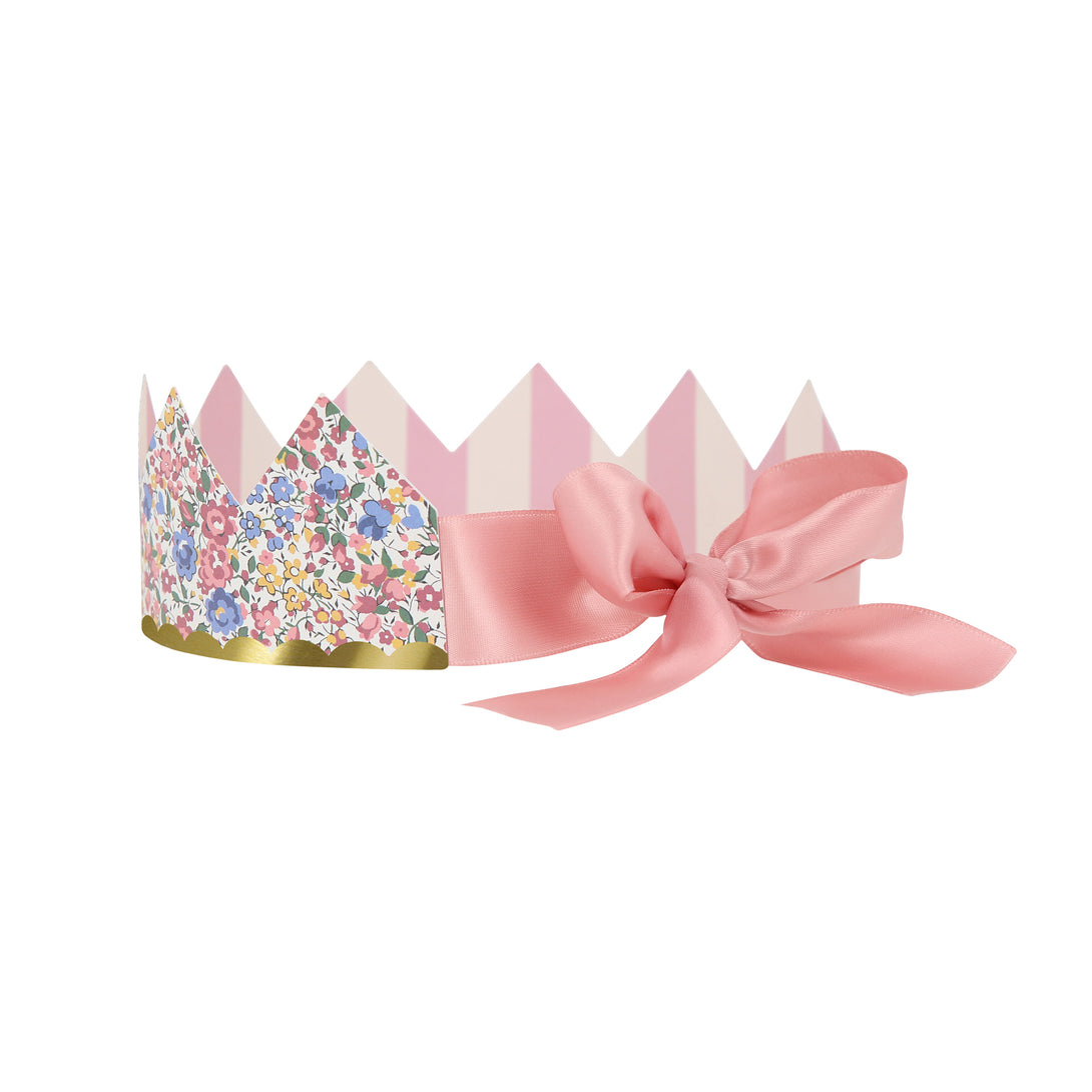 Our sophisticated paper hats are crowns with Liberty print designs, pink ribbons and gold foil, perfect for bridal showers and baby showers.