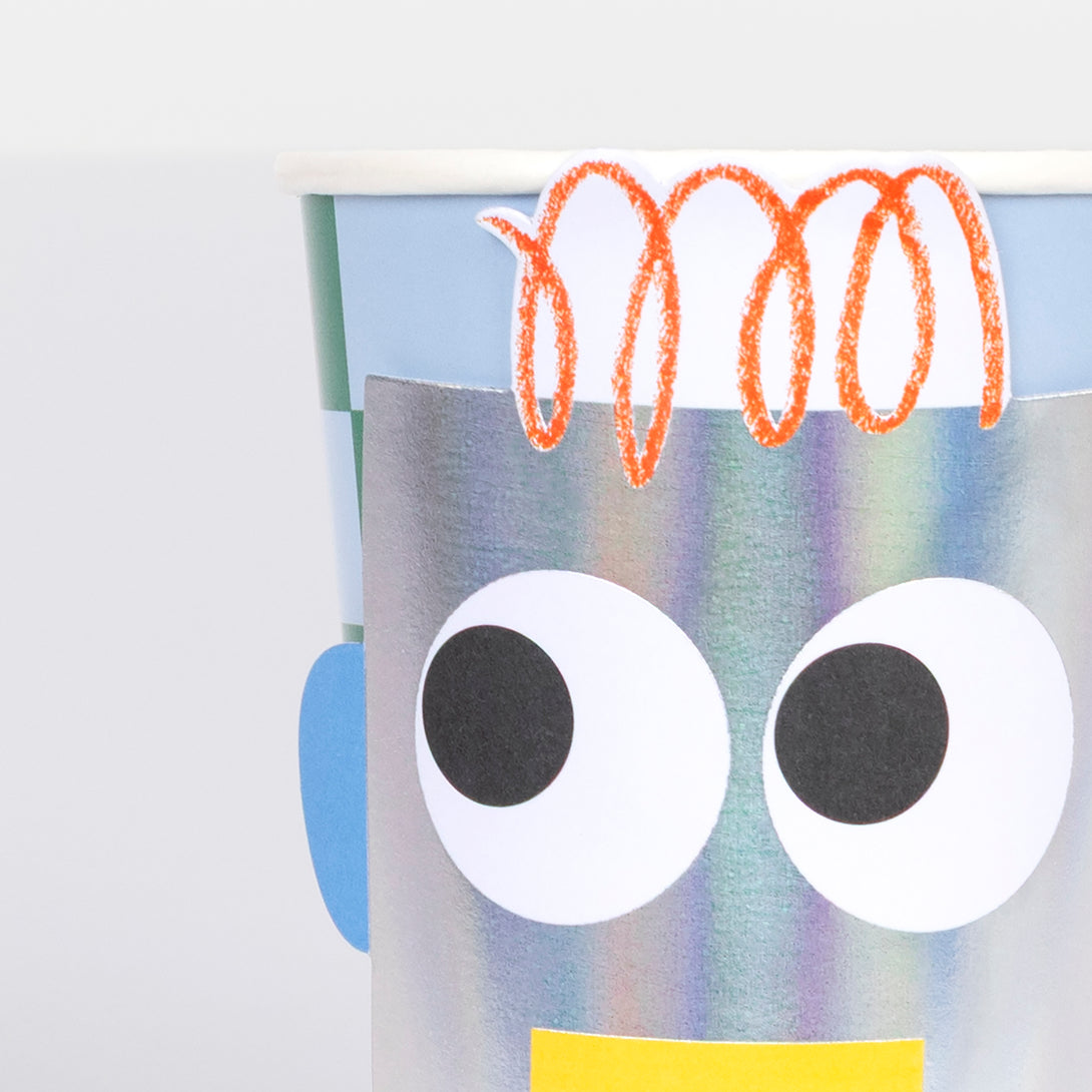 Our party cups feature monster trucks, cars, robots, a dinosaur, googly eyes and a smiley face, perfect for fun birthday parties.