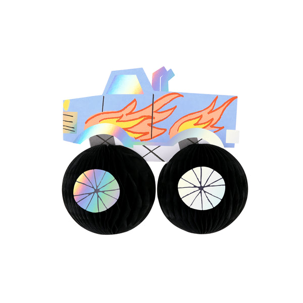 Our birthday card, in the shape of a monster truck, has big honeycomb wheels and lots of shiny silver holographic details. Image5