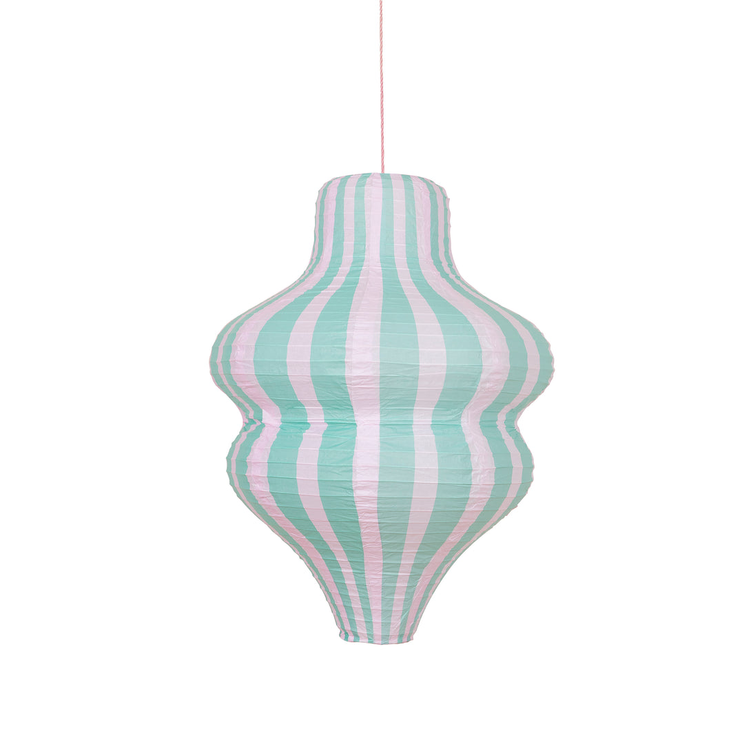 Decorate a room with our striped lanterns, crafted from paper with a pink cord for hanging.