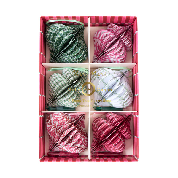 Our honeycomb Christmas tree decorations feature Molly Mahon block print designs in seasonal colours with shimmering tinsel tassels. Image10